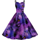 Women Halloween Shoulder A-line Terror Castle Print Cosplay Dress
