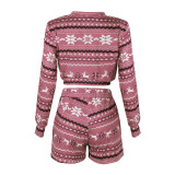 Women Two Pieces Pajamas Christmas Snowflake Long Sleeve Tops And Shorts Christmas Sleepwear Set