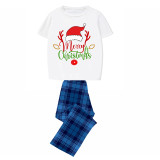 Christmas Matching Family Pajamas Red Hat Merry Christmas Deer Blue Short Pajamas Set