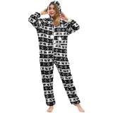 Women Snowflake Reindeer Cotton Flannel Hooded Bodysuit Christams Pajamas