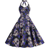 Women Halloween Sleeveless Halter A-line Skeleton Ghost Print Cosplay Dress