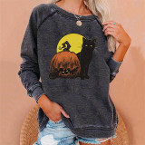 Women Halloween Shirt Pumpkin Bat Printed Long Sleeve Sweatshirt