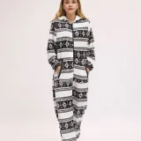 Women Snowflake Reindeer Cotton Flannel Hooded Bodysuit Christams Pajamas