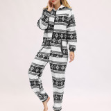 Women Snowflake Reindeer Cotton Flannel Hooded Bodysuit Christams Pajamas