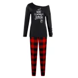 Women Two Pieces Homewear One Shoulder Long Sleeve Tops and Plaid Pants Christams Pajamas