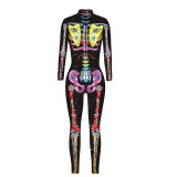 Women Halloween 3D Costume Skeleton Ribcage Prints Tight Fitting Jumpsuit Cosplay