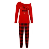 Women Two Pieces Homewear One Shoulder Long Sleeve Tops and Plaid Pants Christams Pajamas