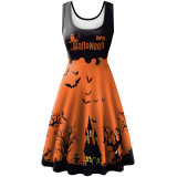 Women Halloween Costume Sleeveless A-line Pumpkin Skull Prints Cosplay Midi Dress