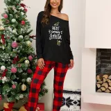 Women Two Pieces Homewear One Shoulder Long Sleeve Tops and Plaid Pants Christams Pajamas