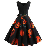 Women Halloween Sleeveless A-line Bowtie Belt Pumpkin Ghost Print Cosplay Dress