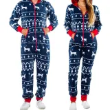 Christmas Couple Matching Pajamas Sets Snowflake Deer Hooded Christmas Jumpsuit