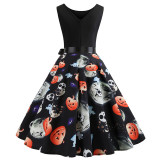 Women Halloween Sleeveless A-line Bowtie Belt Pumpkin Ghost Print Cosplay Dress