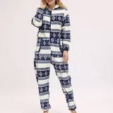 Women Snowflake Reindeer Cotton Flannel Hooded Bodysuit Christams Pajamas