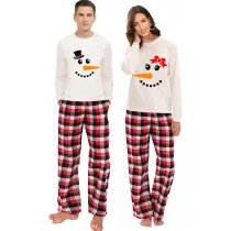 Christmas Couple Pajamas Matching Sets Man Hat & Women Bow Tie Snowman Adult Loungwear White Pajamas Set