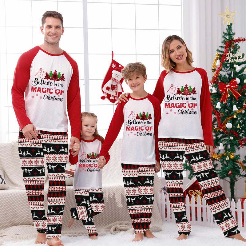 Christmas Matching Family Pajamas Believe Christmas Tree Gray Reindeer Pants Pajamas Set