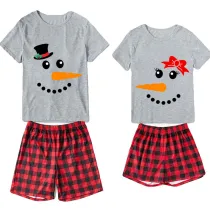 Christmas Couple Pajamas Matching Sets Man Hat & Women Bow Tie Snowman Adult Loungwear Short Pajamas Set