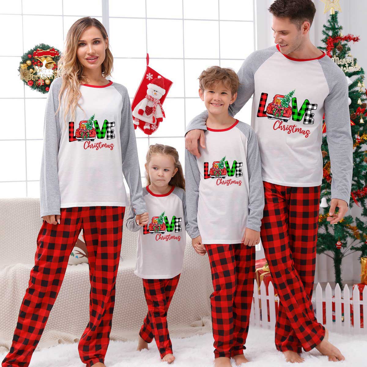 Christmas Matching Family Pajamas Love Christmas Trucks Red Pajamas Set
