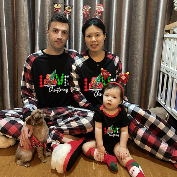 Christmas Matching Family Pajamas Love Christmas Trucks Black White Plaids Pajamas Set