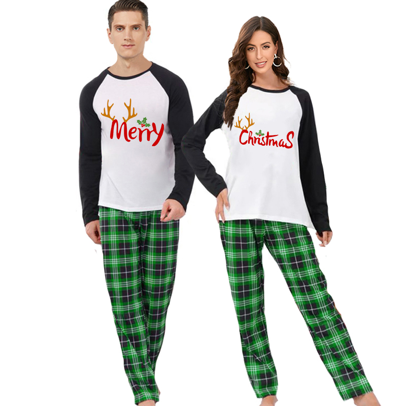Christmas Couple Pajamas Matching Sets Deer Merry Christmas Adult Loungwear Green Pajamas Set