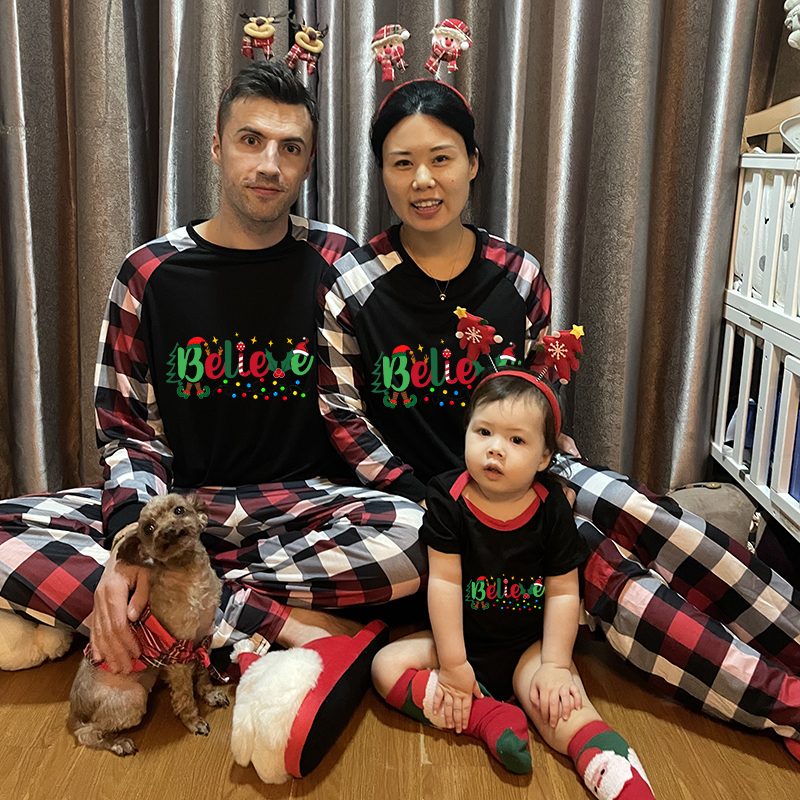 Christmas Matching Family Pajamas Believe String Light Black White Plaids Pajamas Set
