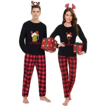 Christmas Couple Pajamas Matching Sets Man Reinbeer & Women Winedeer Adult Loungwear Black Pajamas Set