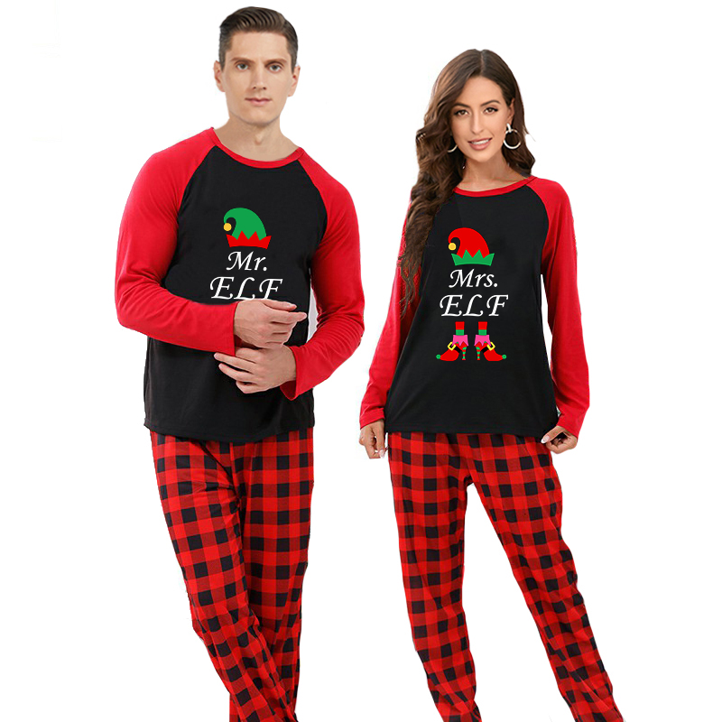 Christmas Couple Pajamas Matching Sets Mr & Mrs ELF Adult Loungwear Black Pajamas Set