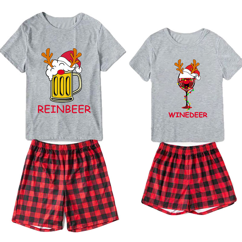 Christmas Couple Pajamas Matching Sets Man Reinbeer & Women Winedeer Adult Loungwear Short Pajamas Set