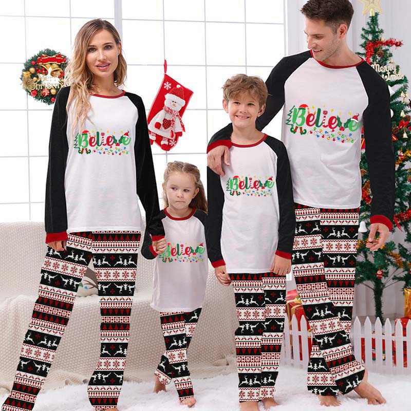 Christmas Matching Family Pajamas Believe String Light Gray Reindeer Pants Pajamas Set
