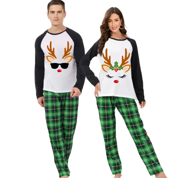 Christmas Couple Pajamas Matching Sets Deer Reindeer Adult Loungwear Green Pajamas Set
