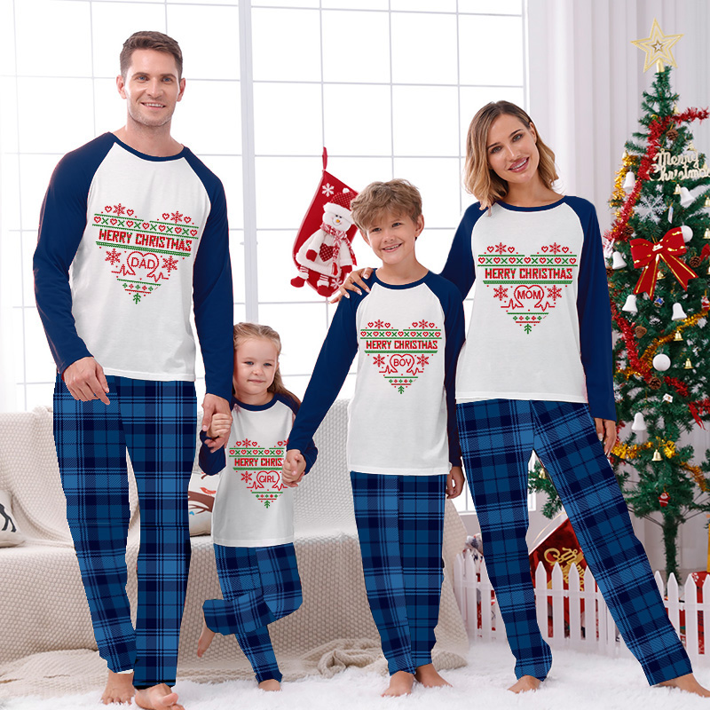 Christmas Matching Family Pajamas Family Seamless Heart Blue Pajamas Set