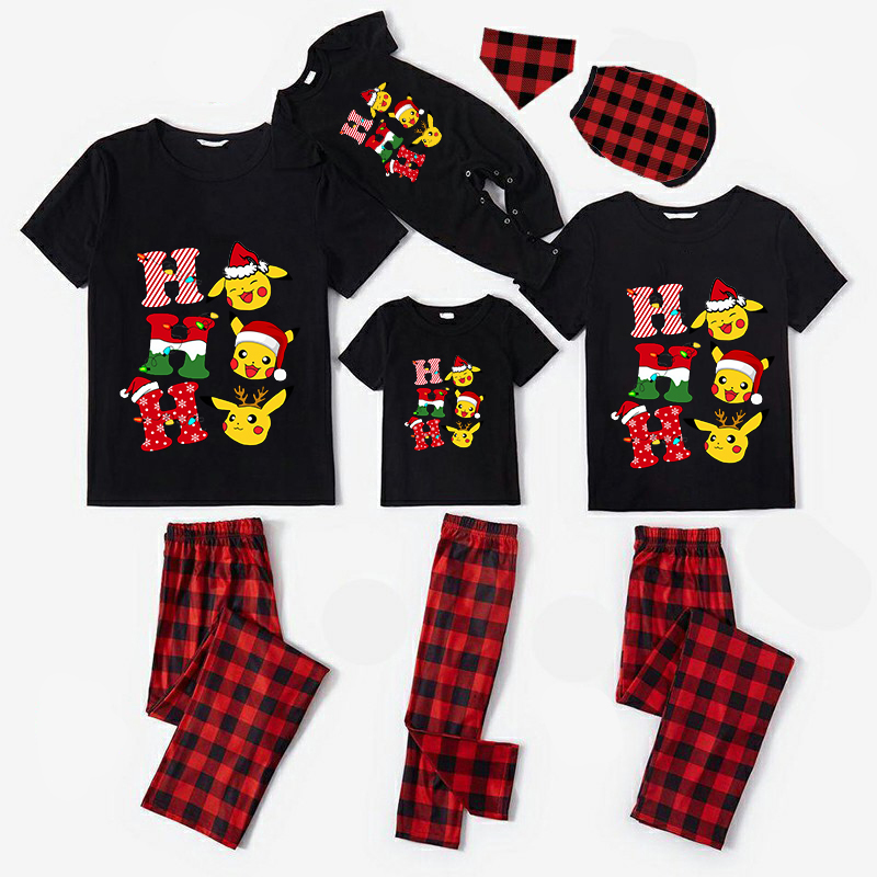 Christmas Matching Family Pajamas Cartoon HO HO HO Black Pajamas Set