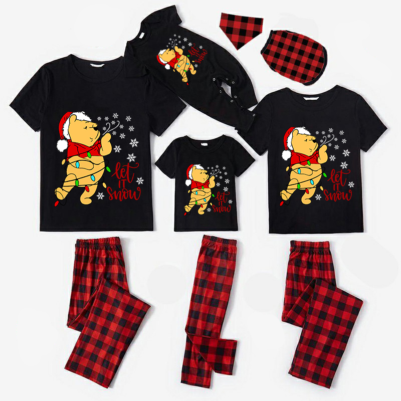 Christmas Matching Family Pajamas Cartoon Let it Snow Teddy Bear Black Pajamas Set