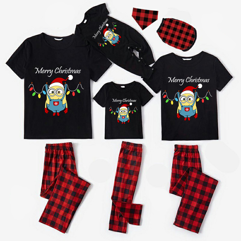 Christmas Matching Family Pajamas Cartoon Merry Christams Lights Black Pajamas Set