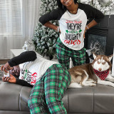 Plus Size Christmas Family Matching Pajamas Sets Dear Santa Naughty Ones and Green Plaids Pants With Dog Cloth