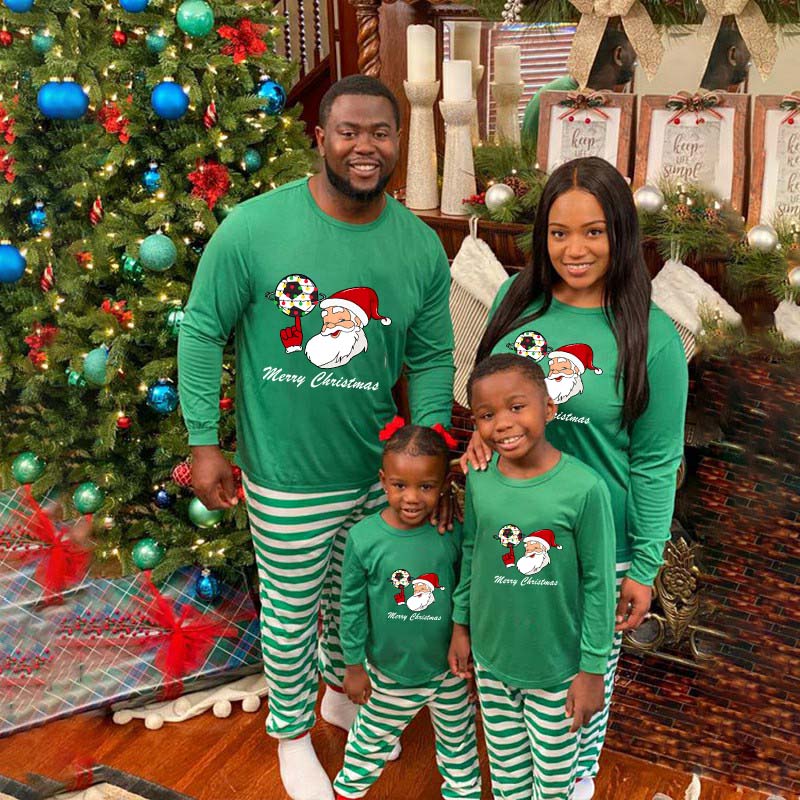Christmas Matching Family Pajama Santa Football Green Stripes Christmas Pajamas Set