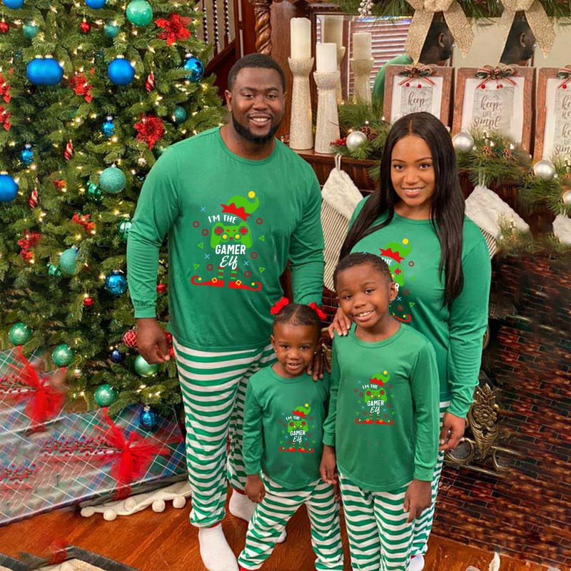 Christmas Matching Family Pajama Cartoon I Am The Elf Game Green Stripes Christmas Pajamas Set