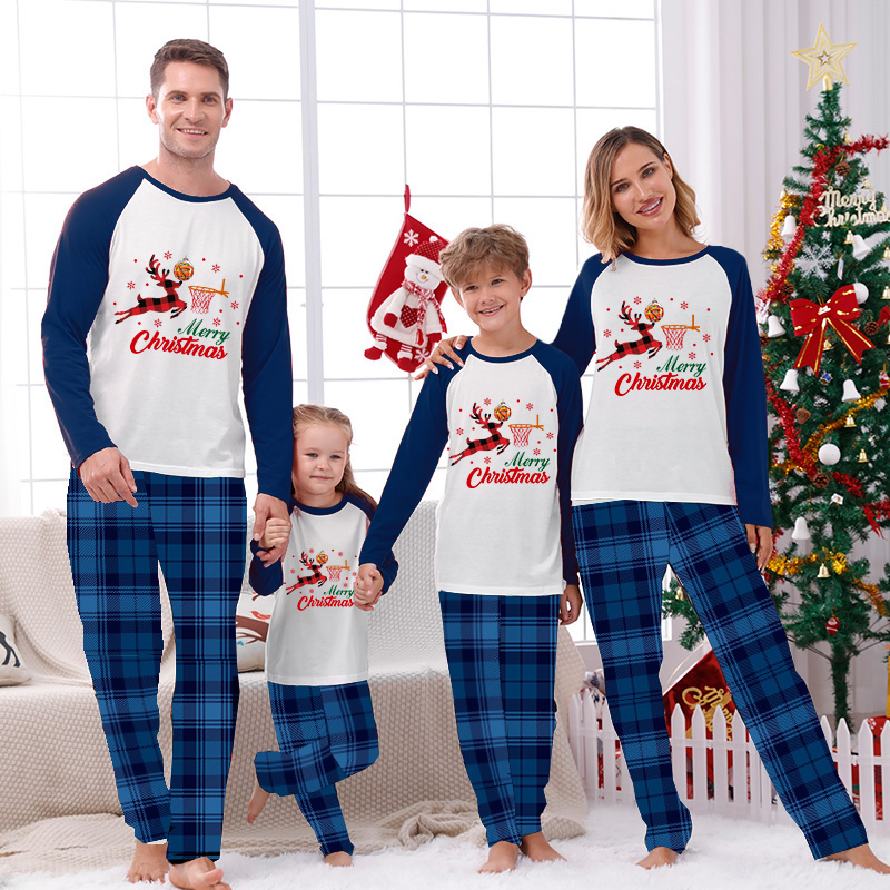 Christmas Matching Family Pajama Elk Play Basketball Blue Christmas Pajamas Set