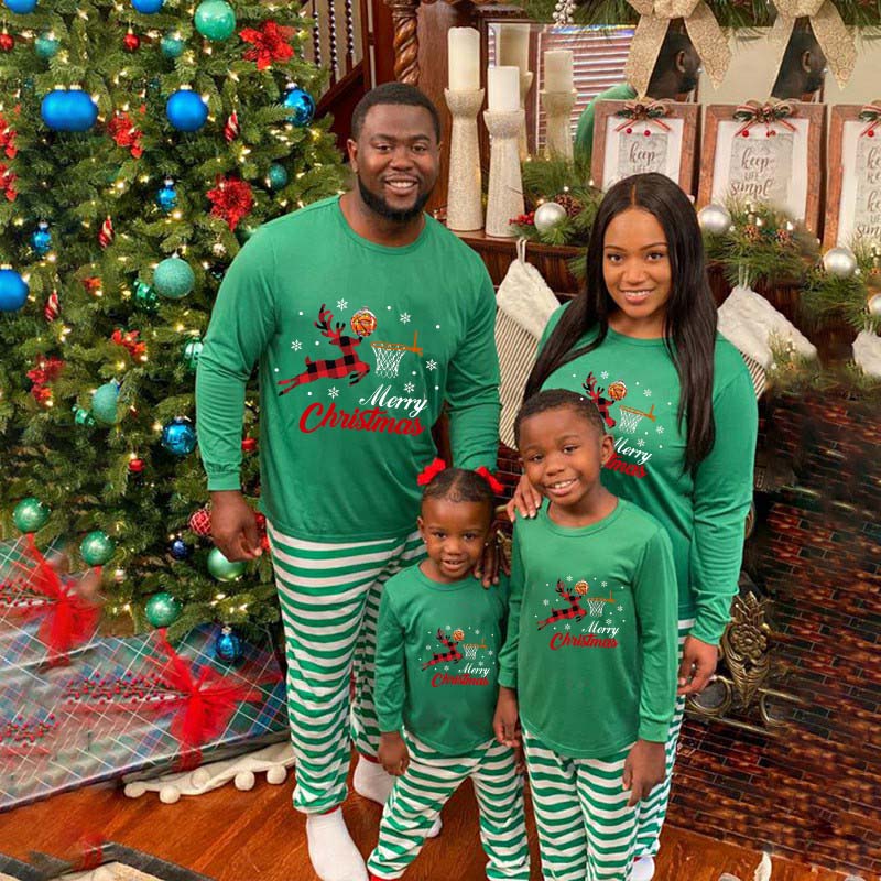 Christmas Matching Family Pajama Elk Play Basketball Green Stripes Christmas Pajamas Set