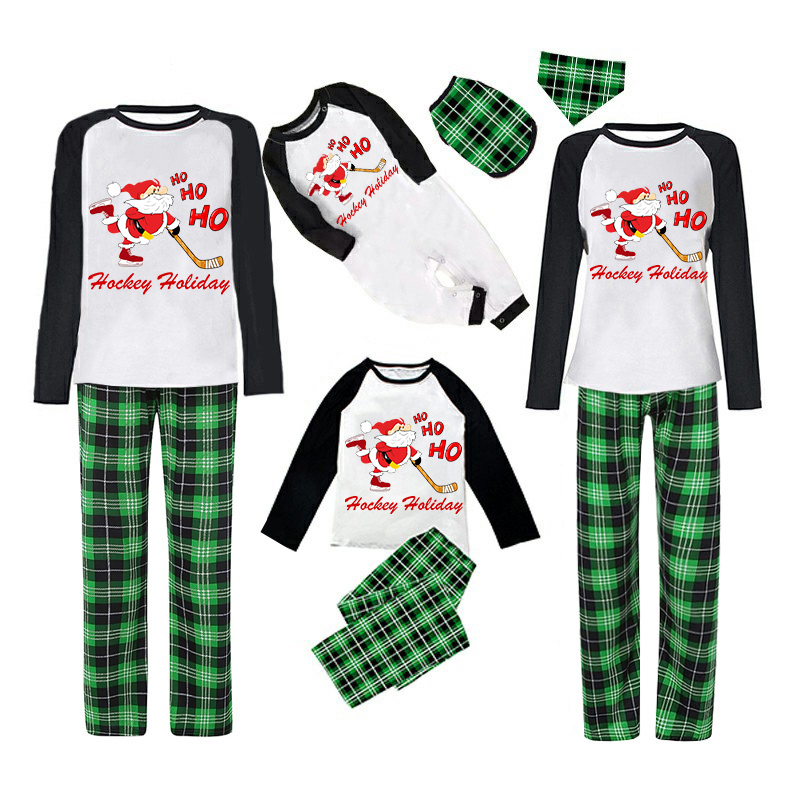Christmas Matching Family Pajama Santa HO HO HO Ice Hockey Green Christmas Pajamas Set