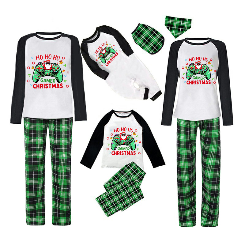 Christmas Matching Family Pajama Cartoon HO HO HO Game Green Christmas Pajamas Set