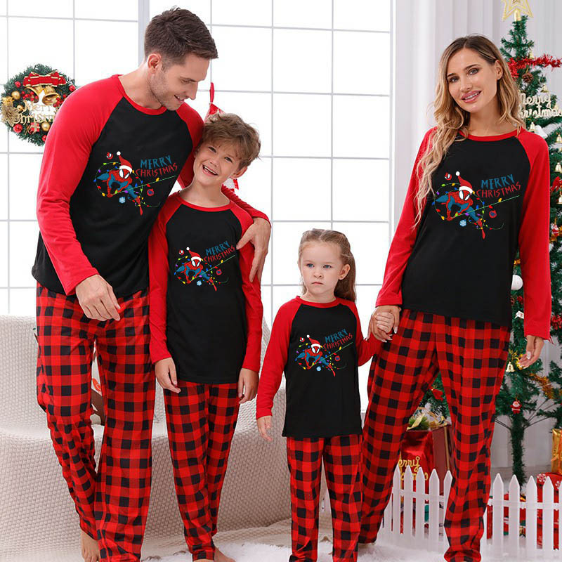 Christmas Matching Family Pajamas Cartoon String Light Super Hero Black Pajamas Set
