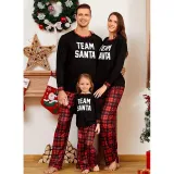 Plus Size Christmas Family Matching Pajamas Sets Team Santa Slogan Top and Red Plaids Pants