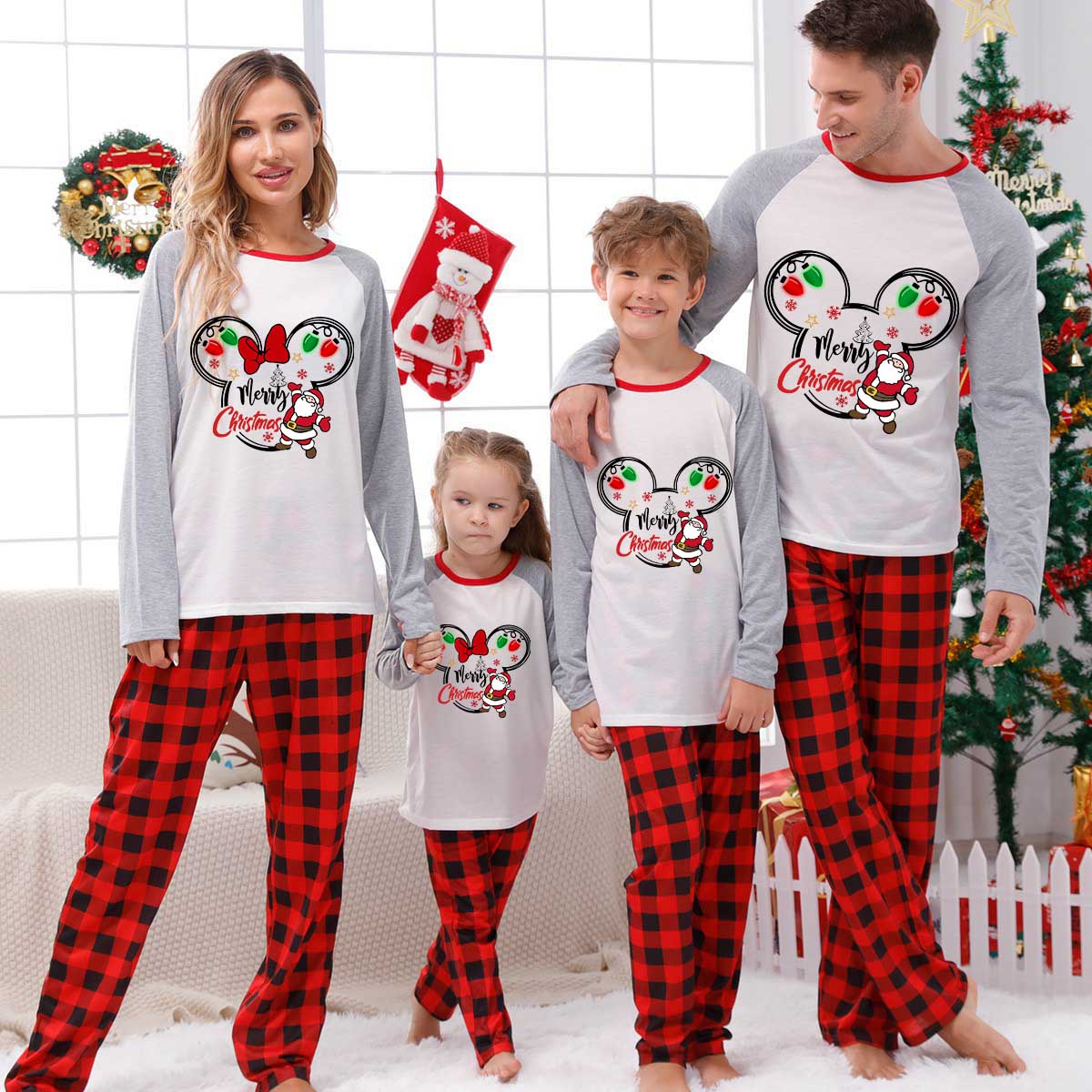 Christmas Matching Family Pajamas Cartoon Mouse Merry Christmas Santa White Pajamas Set