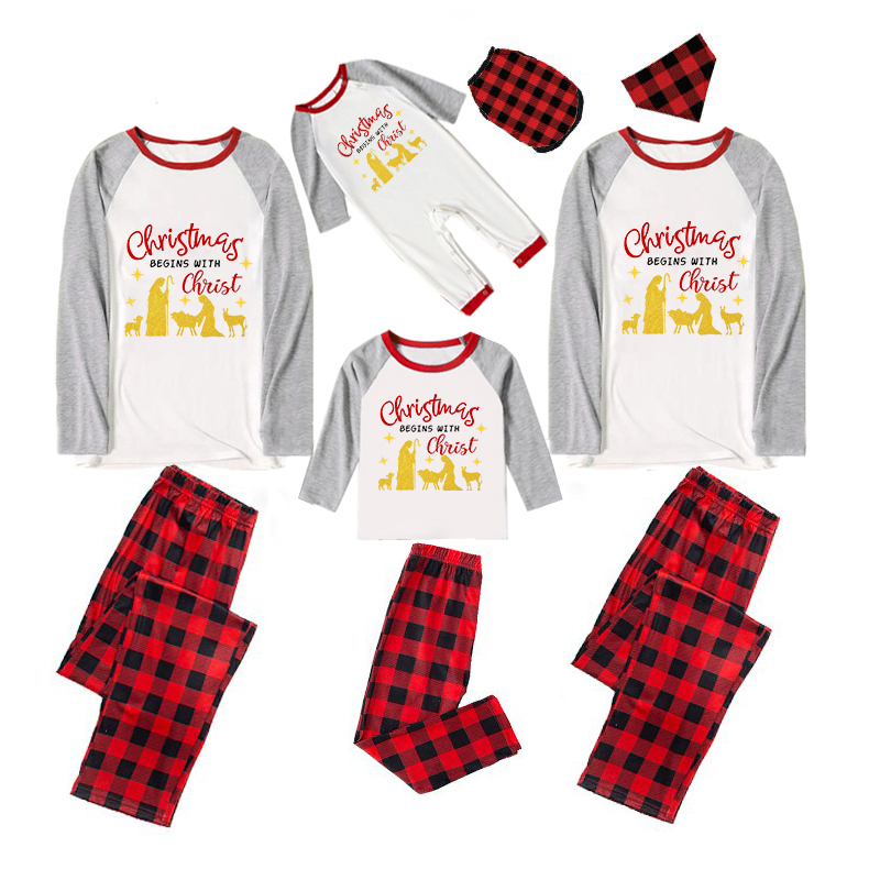 Christmas Matching Family Pajamas Christmas Begins with Christ Devout Christians Plaids Pants Pajamas Set