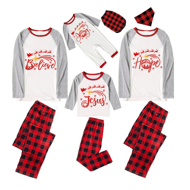 Christmas Matching Family Pajamas Believe Hope Santa Reindeer Plaids Pants Pajamas Set