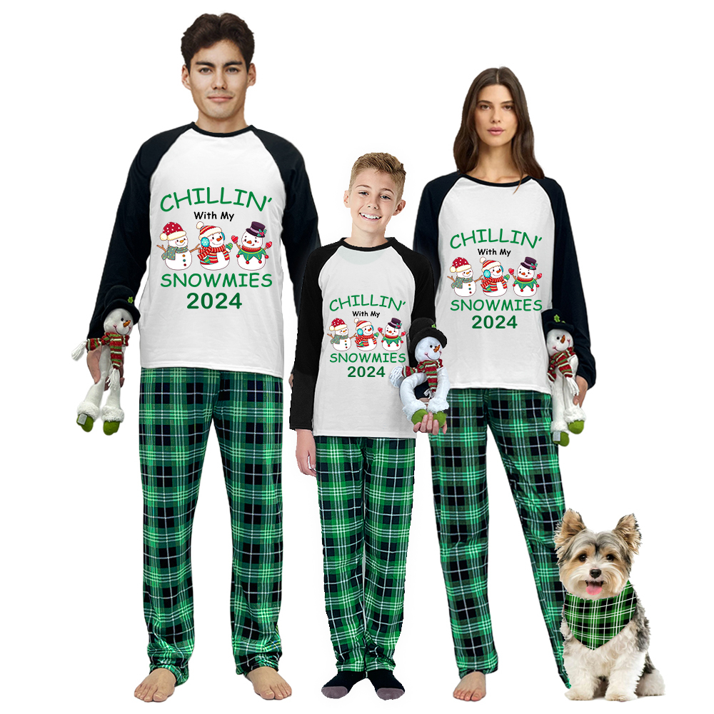 2024 Christmas Matching Family Pajamas Exclusive Design Chillin With My 3 Snowmies Green Plaids Pajamas Set