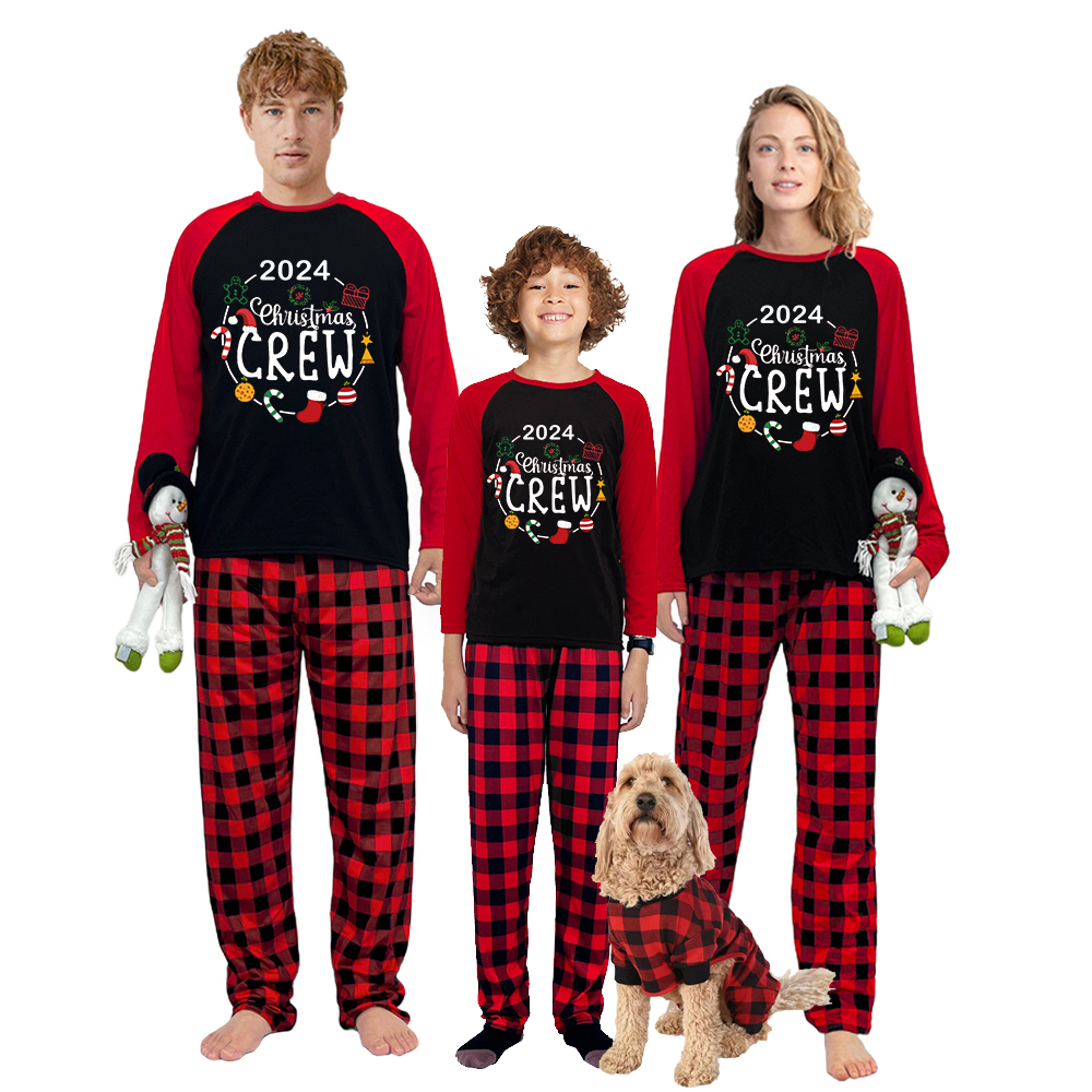 2023 Christmas Matching Family Pajamas Christmas Crew Wreath Black Red Plaids Pajamas Set