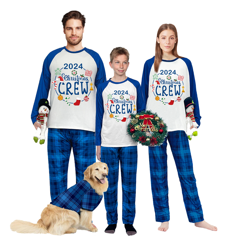 2024 Christmas Matching Family Pajamas Exclusive Design Christmas Crew Wreath Blue Plaids Pajamas Set