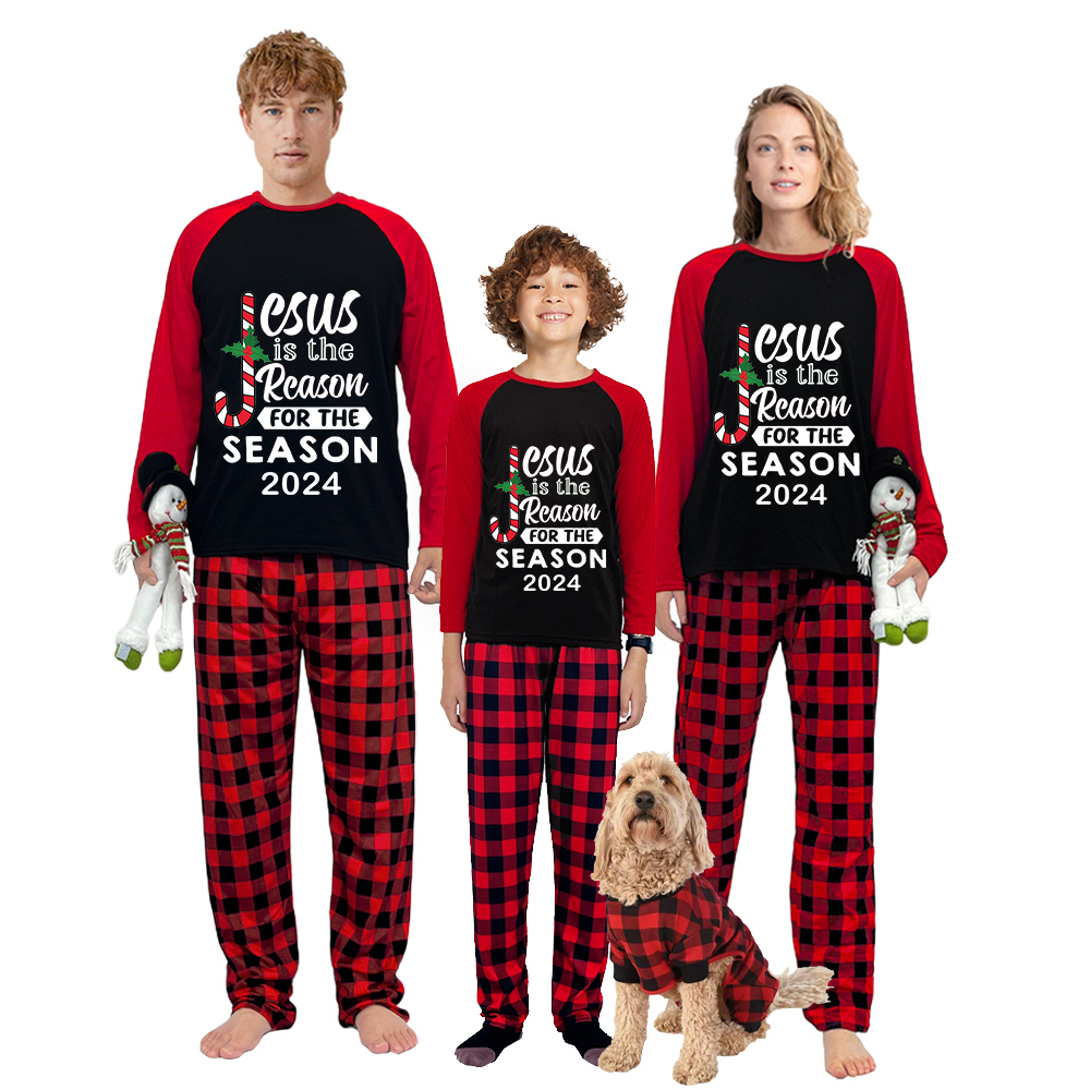 2024 Christmas Matching Family Pajamas Jesus Is The Reason For The Season Black Plaids Pajamas Set