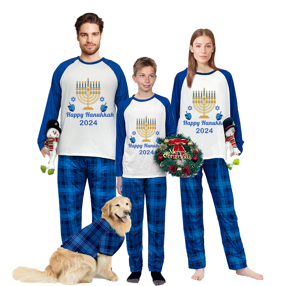 2024 Christmas Matching Family Pajamas Exclusive Design Candlestick Happy Hanukkah Pajamas Blue Pajamas Set